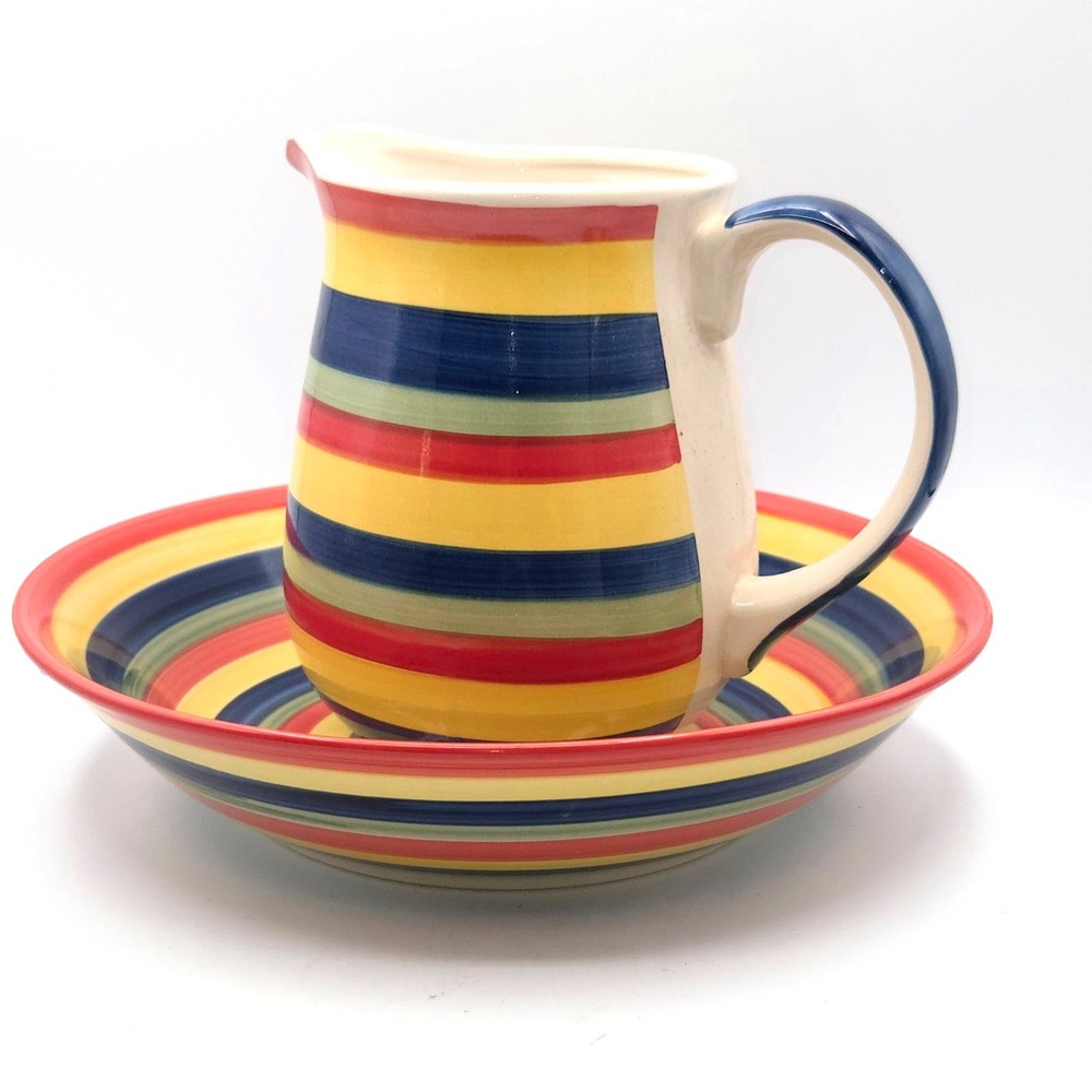 Swirl Hand Painted Collection Multi Color Stripe Large Serving Pitcher & Bowl
